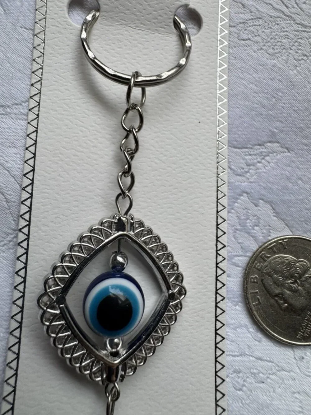 NEW Silvertone Blue Rolling Evil Eye Triangle Keychain Protection Tassel Beads